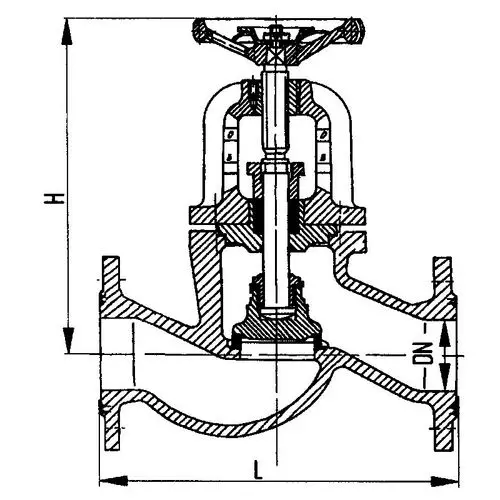 Фланцевый проходной сальниковый судовой запорный клапан с ручным управлением УН521-ЗМ511 