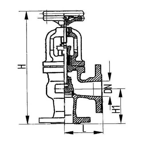 Фланцевый угловой сальниковый судовой запорный клапан с ручным управлением 521-35.1508 